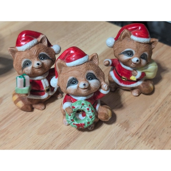 Homco Other - Set Of 3 Christmas Racoon Figurines Santa Hats Homeco Ceramic 5611